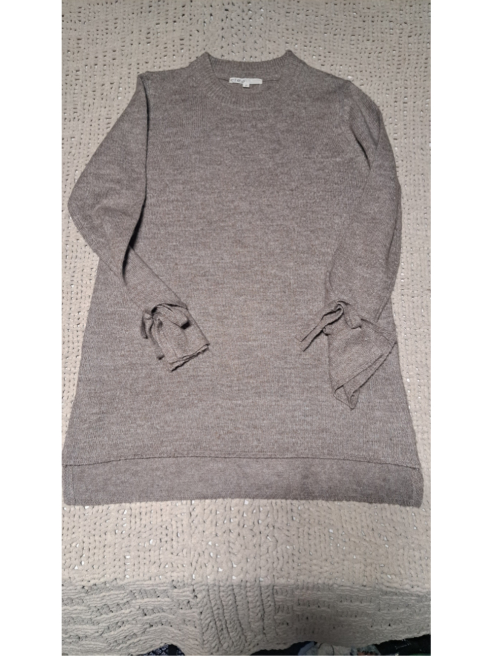 Women's Grey Crew Neck Sweater with Tie Sleeve Detail Size S